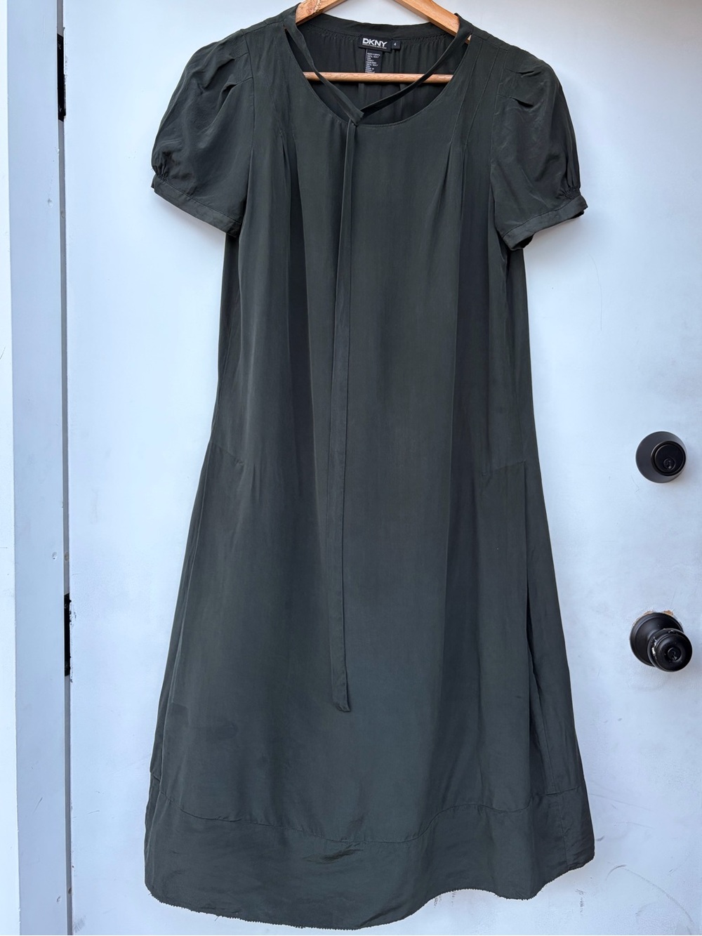 DKNY Silk Dark Olive Short Sleeve A-Line Midi Dress